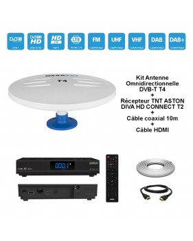 Kit Antenne Omnidirectionnelle DVB-T T4 + Récepteur TNT ASTON DIVA HD CONNECT T2 + Câble coaxial 10m + Câble HDMI