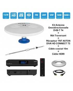 Kit Antenne Omnidirectionnelle DVB-T T4 + Mat Traversant + Récepteur TNT ASTON DIVA HD CONNECT T2 + Câble coaxial 10m + Câble HD
