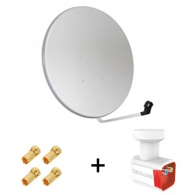 Pack Antenne Parabole Acier 100 cm Gris Clair MEGASAT + LNB TWIN Full HD 1080p 4K Gain 70DB Bruit 0.1 dB + 4 Connecteurs fiche F