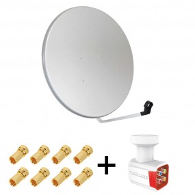 Pack Antenne Parabole Acier 100 cm Gris Clair MEGASAT + LNB QUAD Full HD 4K 1080p Gain 70DB Bruit 0.1 dB + 8 Connecteurs fiche F