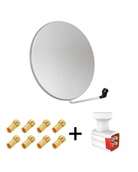 Pack Antenne Parabole Acier 100 cm Gris Clair MEGASAT + LNB QUAD Full HD 4K 1080p Gain 70DB Bruit 0.1 dB + 8 Connecteurs fiche F