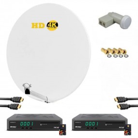 KIT PARABOLE SATELLITE HD4K FIBRE BLANCHE 85CM + LNB TWIN + 2X RECEPTEURS TV ORS 9992 TNTSAT AVEC CARTE