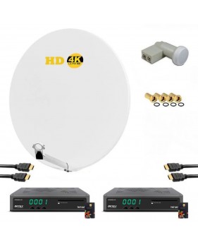 KIT PARABOLE SATELLITE HD4K FIBRE BLANCHE 85CM + LNB TWIN + 2X RECEPTEURS TV ORS 9992 TNTSAT AVEC CARTE