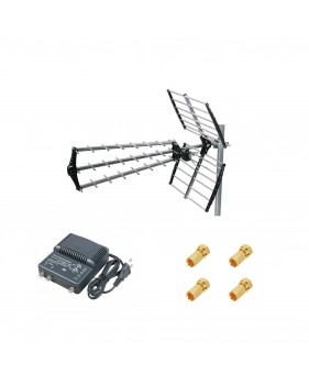 Kit Antenne TNT Trinappe Gain 18dB + Amplificateur TNT 2 Sorties + 4 Fiches F