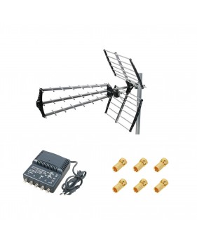 Kit Antenne TNT Trinappe Gain 18dB + Amplificateur TNT 4 Sorties + 6 Fiches F