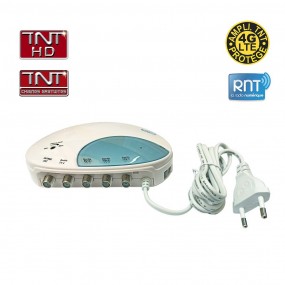Amplificateur Répartiteur TV FM VHF / UHF TNT HD 1 entrée 4 sorties - Gain réglable 4 x 25 dB, Fixation murale possible, Interru