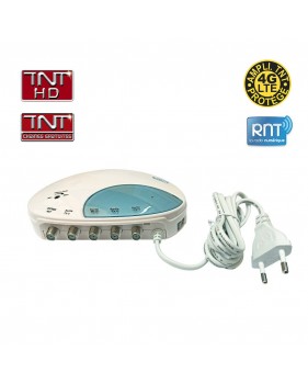 Amplificateur Répartiteur TV FM VHF / UHF TNT HD 1 entrée 4 sorties - Gain réglable 4 x 25 dB, Fixation murale possible, Interru