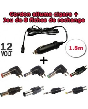 Cordon allume cigare 1.8 m mâle pour camping car + Jeu de 8 fiches de rechange