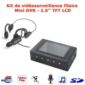 Kit de vidéosurveillance filaire couleur CCD 1/4" type serre tête avec mini DVR portable - écran TFT LCD 2.5"