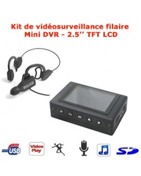 Kit de vidéosurveillance filaire couleur CCD 1/4" type serre tête avec mini DVR portable - écran TFT LCD 2.5"