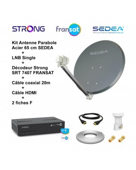 Kit Parabole Acier 65 cm Anthracite + LNB Single Full HD 4K + Décodeur SRT 7407 FRANSAT + Câble coax 20m + Câble HDMI + 2 fiches
