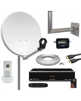 Kit Parabole Acier 65cm + Récepteur Tntsat + Lnb Single + Câble Coaxial 20m + Pointeur + Support Mural