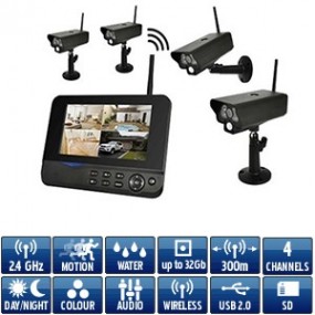 Kit video surveillance sans-fil numérique avec 4 caméras extérieure IP54 - infrarouge