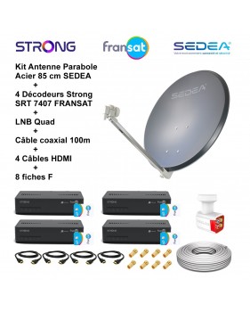 Kit Parabole Acier 85cm Anthracite + LNB Quad HD 4K + 4 Décodeurs SRT 7407 FRANSAT + Câble 100m + 4 Câbles HDMI + 8 Fiches F
