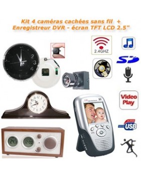 Kit 4 caméras cachées sans fil + Enregistreur DVR portable sans fil 2.4GHz - écran TFT LCD 2.5" - 4 canaux
