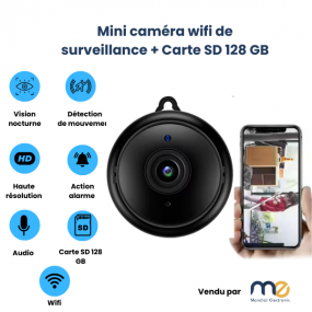 Mini caméra de surveillance intérieure sans fil, vision nocturne, audio bidirectionnel, détection de mouvement + Carte SD 128 GB
