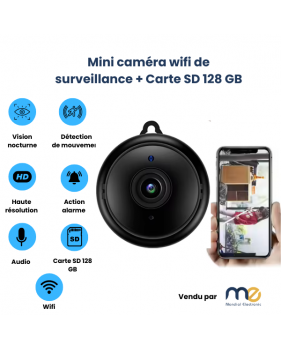 Mini caméra de surveillance intérieure sans fil, vision nocturne, audio bidirectionnel, détection de mouvement + Carte SD 128 GB