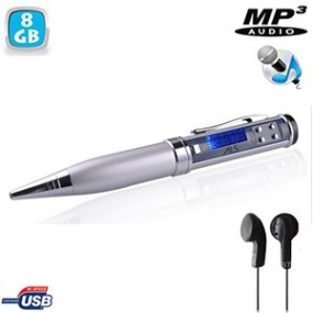 Stylo enregistreur vocal avec lecteur WAV/MP3 - USB - écouteurs inclus - mémoire interne 8Go - Afficheur LCD - Noir ou Argent