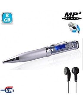 Stylo enregistreur vocal avec lecteur WAV/MP3 - USB - écouteurs inclus - mémoire interne 8Go - Afficheur LCD - Noir ou Argent