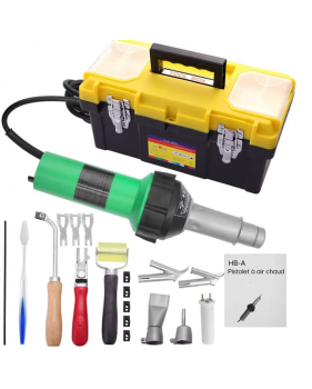 pistolet de soudure du plastique 1600W – Boîte à outils, 40-600°C, Air chaud, Buses, Rouleau, PE/PVC, Tige