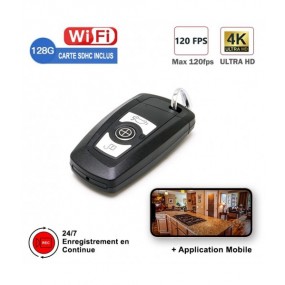 Mini Caméra Espion Clé de Voiture WIFI 4K 2160p MP4 2h30 Autonomie Angle 90° + Micro SD 128Go