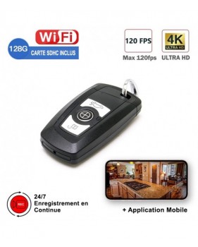 Mini Caméra Espion Clé de Voiture WIFI 4K 2160p MP4 2h30 Autonomie Angle 90° + Micro SD 128Go