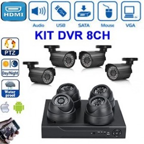 Kit 8 caméras - 4 caméras intérieurs CMOS 1/4" + 4 caméras extérieurs CMOS 1/4" - IR LED 24 + DVR 8 cannaux H.264 - HDMI