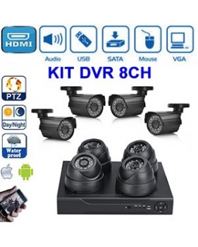 Kit 8 caméras - 4 caméras intérieurs CMOS 1/4" + 4 caméras extérieurs CMOS 1/4" - IR LED 24 + DVR 8 cannaux H.264 - HDMI