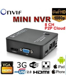 Enregistreur mini NVR - 8 canaux IP Cam - ONVIF - HD 1080p - E-SATA - P2P Cloud - VGA - HDMI - 2x USB - LAN