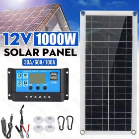 Kit Panneau Solaire 1000W 12V avec Contrôleur 100A pour Téléphone, Camping-Car, Voiture, Caravane, Maison, Camping