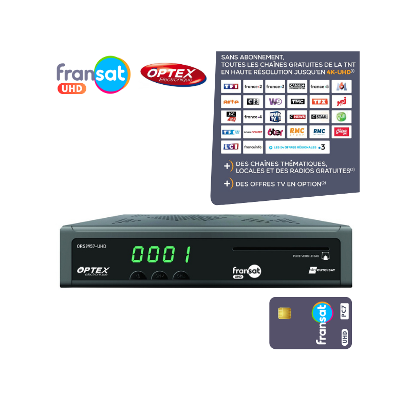 OPTEX Décodeur Satellite Fransat UHD 4K + Carte + HDMI + Cordon 12V + IR