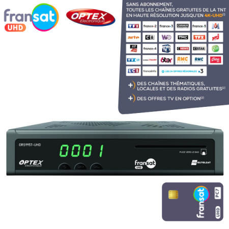 OPTEX Décodeur Satellite Fransat UHD 4K + Carte + HDMI + Cordon 12V + IR