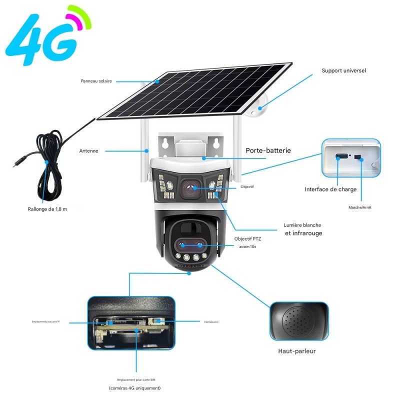 Caméra solaire 4G à zoom optique 10x pour extérieur