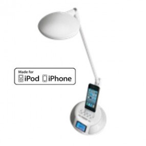 Lampe LED Avec station daccueil Blanc pour Ipod/Iphone - RADIO FM - Fonction Réveil - METRONIC