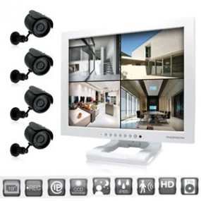 Kit 4 caméras couleur CCD 1/4" + Moniteur LCD couleur 19 IP avec enregistreur numérique - disque dur 1To intergré - THOMSON