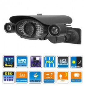 Caméra couleur J/N extérieur CCD 1/3"  - 700 LTV - Angle de vue 65,3 °- avec vision nocturne de 100m