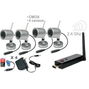 Kit 4 caméras couleur sans fil CMOS 1/3’’ - 380 lignes TV - 2.4Ghz - IR + Mini récepteur DVR USB
