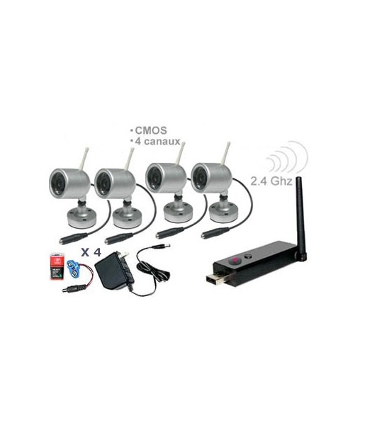 Kit 4 caméras couleur sans fil CMOS 1/3’’ - 380 lignes TV - 2.4Ghz - IR + Mini récepteur DVR USB
