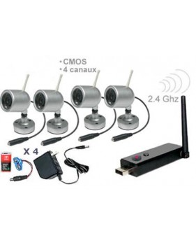 Kit 4 caméras couleur sans fil CMOS 1/3’’ - 380 lignes TV - 2.4Ghz - IR + Mini récepteur DVR USB