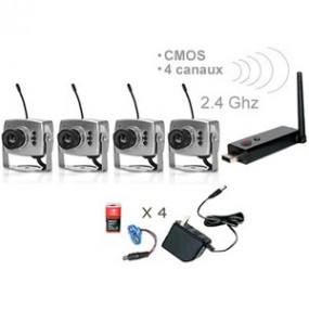 Kit 4 caméras couleur sans fil CMOS 1/3" - 380 Lignes TV - 2.4 Ghz + Mini récepteur DVR USB