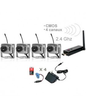Kit 4 caméras couleur sans fil CMOS 1/3" - 380 Lignes TV - 2.4 Ghz + Mini récepteur DVR USB