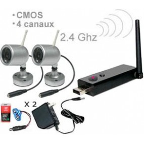 Kit 2 caméras couleur sans fil - CMOS 1/3’’ - 380 lignes TV - 2.4Ghz - IR + Mini récepteur DVR USB