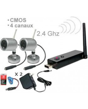 Kit 2 caméras couleur sans fil - CMOS 1/3’’ - 380 lignes TV - 2.4Ghz - IR + Mini récepteur DVR USB