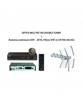 Pack OPTEX 9832 TNT HD DOUBLE TUNER + Antenne extérieure UHF – ZETA, FIltres VHF et LTE700 (4G/5G)