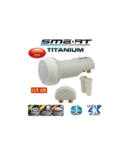 LNB Twin 0,1 dB Smart Titanium Eco - Compatible HDTV 3D et 4K - 40mm - Contact plaqué or - 5 ans de garantie