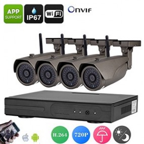 Kit 4 caméras IP sans fil 720p + Enregistreur NVR sans fil - 4 canaux - Vision nocturne jusquà 15m - Ecran LCD en option