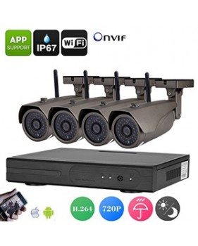 Kit 4 caméras IP sans fil 720p + Enregistreur NVR sans fil - 4 canaux - Vision nocturne jusquà 15m - Ecran LCD en option