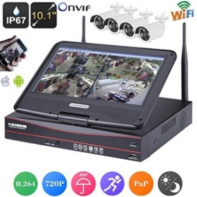 Kit 4 caméras IP sans fil 720p étanche IP67 + Enregistreur NVR - 4 canaux avec écran LCD 10,1"