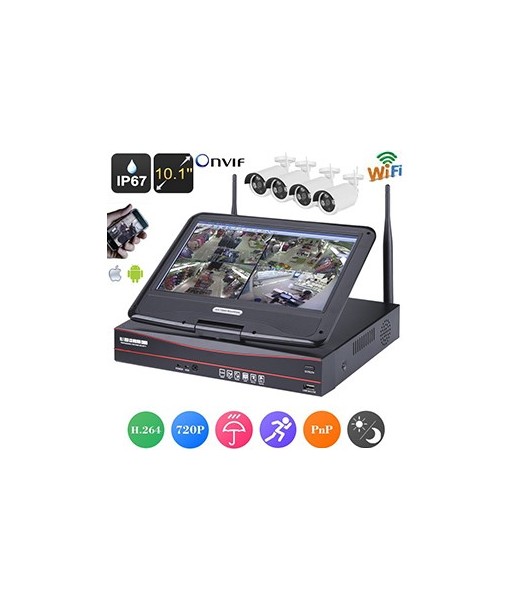 Kit 4 caméras IP sans fil 720p étanche IP67 + Enregistreur NVR - 4 canaux avec écran LCD 10,1"