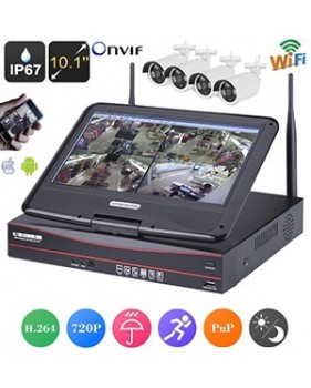 Kit 4 caméras IP sans fil 720p étanche IP67 + Enregistreur NVR - 4 canaux avec écran LCD 10,1"